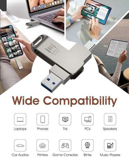MOSDART 256GB USB3.1 Fast Speed C and A Dual Flash Drive, exFAT Memory Stick with Keychain Loop, for iPhone 15,16,17, Android Phone, iPad, MacBook, Silver