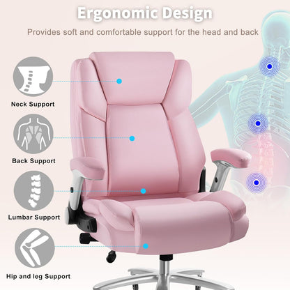 Big and Tall Office Chair 600lbs, Heavy Duty Executive Office Chair for Heavy People, Pink High Back Office Leather Ergonomic Chair with Adjustable Armrests and Lumbar Support for Computer Desk Chair