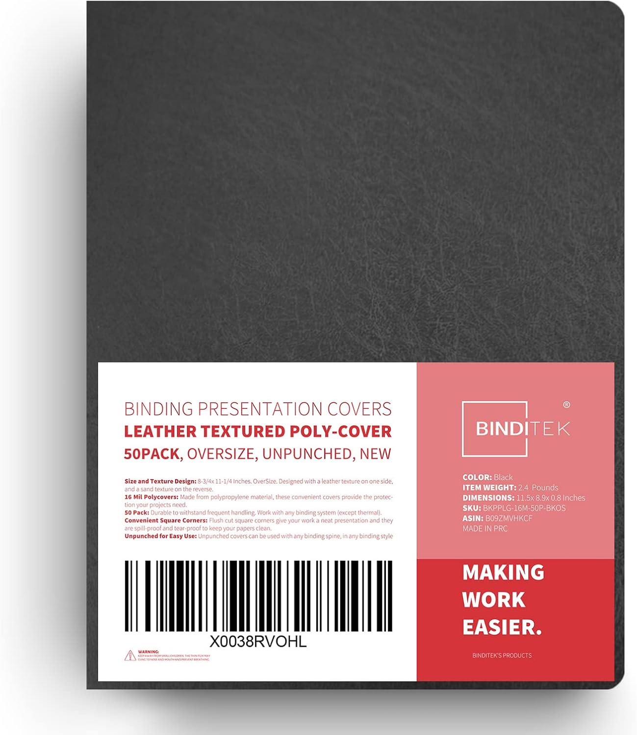 Binditek 50 Pack 16 Mil Leather-Textured Heavyduty Polycovers, Oversize Plastic Binding Presentation Backs, with 2 Round Corners, 8-3/4 x 11-1/4", Black, Office School Supplies