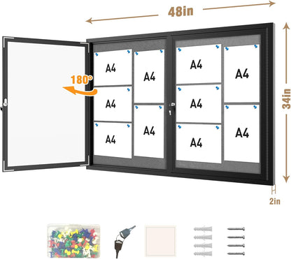 48"x34" Enclosed Bulletin Board, Outdoor Lockable Weather-Resistant Aluminum Cork Noticeboard for School & Office, Black Frame w/Grey Flet
