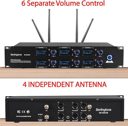 Berlingtone) 6-Channel UHF Wireless Microphone System Cordless Mic with Metal Handheld, Fixed Frequency Channel, Dynamic Microphone for Karaoke, Church, Singing, DJ, 262ft Range (BR-600UM)