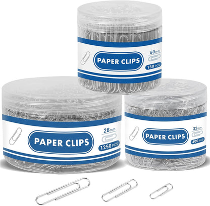 1800 Paper Clips Assorted Sizes Large, Medium and Small, Durable and Rustproof, Paperclips for Office School and Personal Use, Office Supplies Document Organizing (50mm, 33mm, 28mm) (Silver)