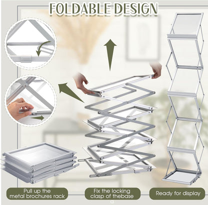 Tatuo Foldable Magazine Rack Metal Catalog Literature Rack Portable 6 Pockets with Carrying Bag Aluminum Brochure Stand Display Holder Stand for Exhibition Trade Show Office Retail Store