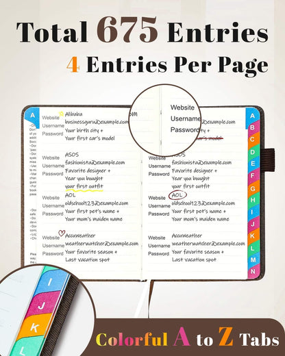 Password Keeper Book with Colorful Alphabetical Tabs, Hardcover Password Log-book for Internet Password and Website Address, 4.1 x6.2 ''Password Notebook for Office (Chocolate, Small)