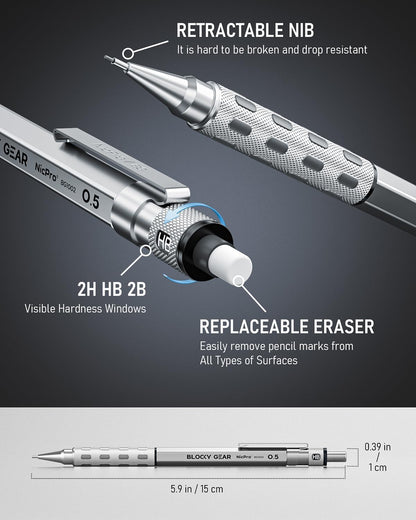 Nicpro Blocky Gear 0.5 mm & 0.7 mm Mechanical Pencils Set in Case, Metal Pencil with 6 Tube Lead Refills, Eraser, Eraser Refills for Professional & Adult Art Writing Drafting Drawing Sketching
