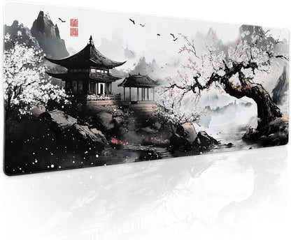 Black Whtie Japanese Gaming Mouse Pad XL Anime Sakura Cherry Blossom Tree Extended Large Mat Mousepad Desk Pad Non-Slip Rubber Base Stitched Edge Long Keyboard Pad for Computer,31.5×11.8 Inch