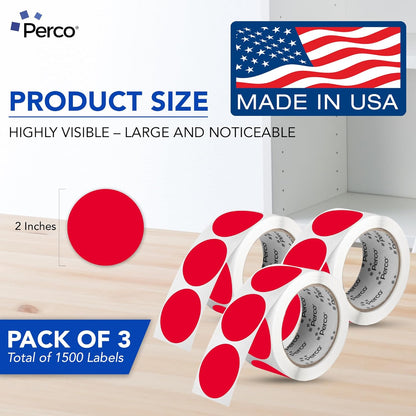 Perco Red 2-Inch Round Circle Dot Sticker Labels - Multi-Roll Pack (3 Rolls, 500 Labels Each) - Permanent Adhesive, Vibrant Colors, Strong Hold - Perforated for Easy Use - Made in USA