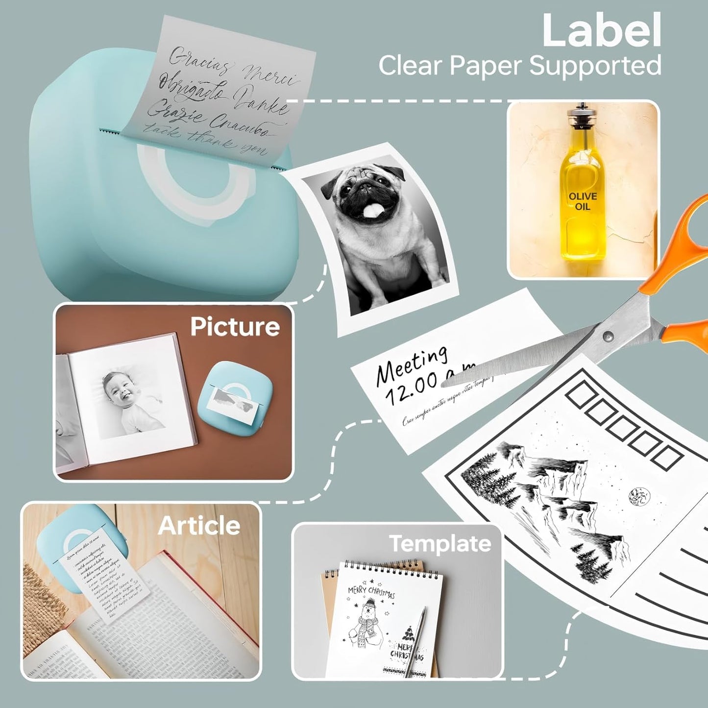 Mini Printer Sticker Thermal Printer with 3 Rolls Paper, Bluetooth Portable Phone Print Pods,Study Sticker Maker for Pictures, Photos, Journals, DIY, Compatible with Phone & Tablet