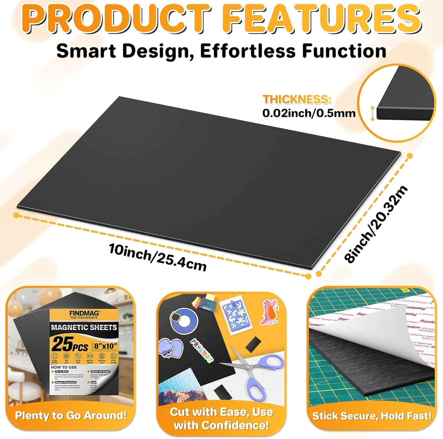 FINDMAG Magnetic Sheets (8” x 10”), Pack of 25, Flexible Magnet for Hanging Pictures, Photos, Paper Magnet for Dies, Adhesive Magnetic Sheets for Fridge, Locker, Cabinet Doors.
