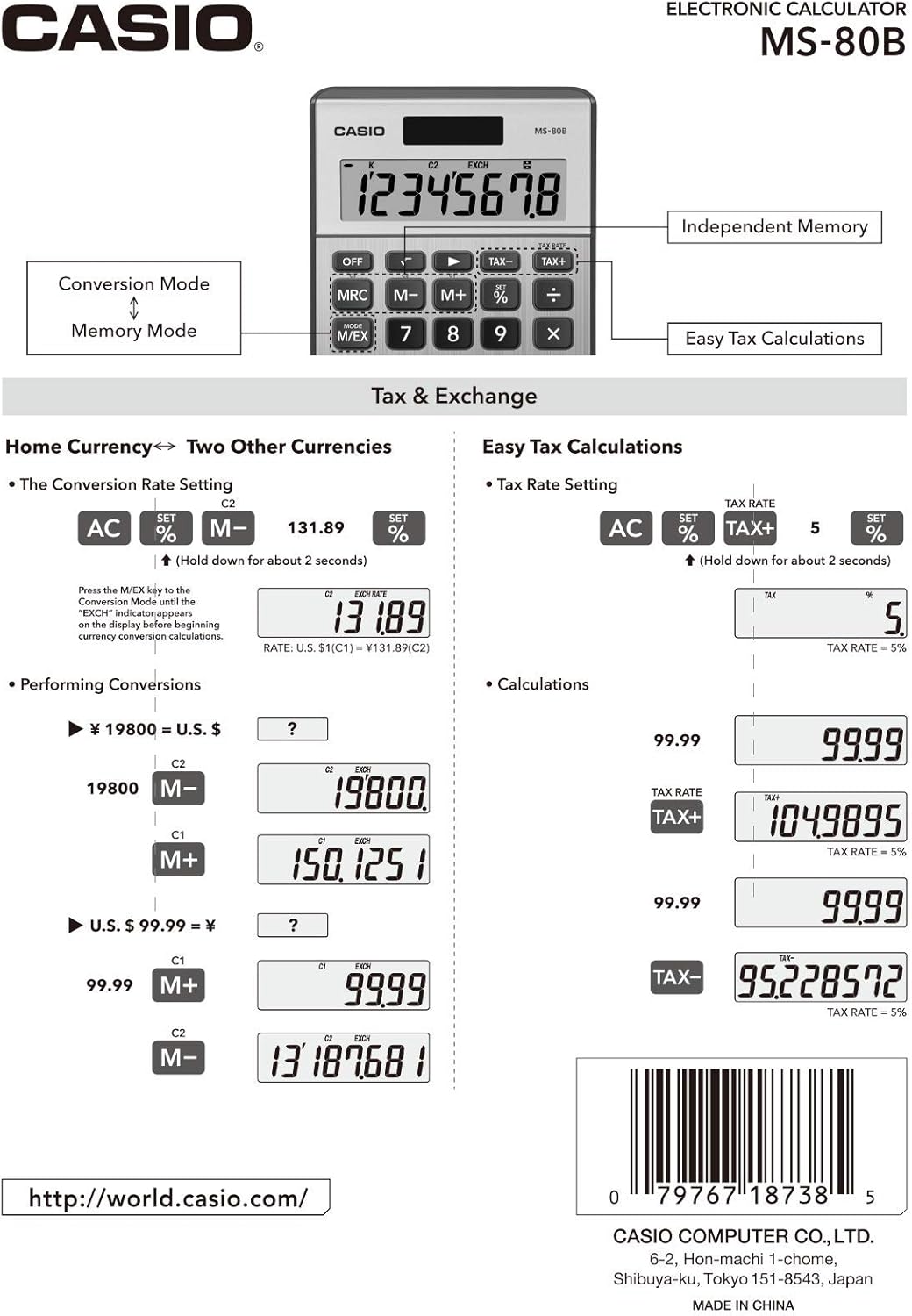 Casio MS-80B Calculator – Desktop Calculator with Tax & Currency Tools | General Purpose | Large Display | Ideal for Home, Office & Everyday Math
