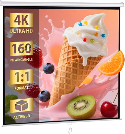 SUPER DEAL 120'' Projector Screen, Retractable Projection Screen Manual Pull Down HD Screen 1:1 Format for Home Cinema Theater Presentation Education Outdoor Indoor Public Display