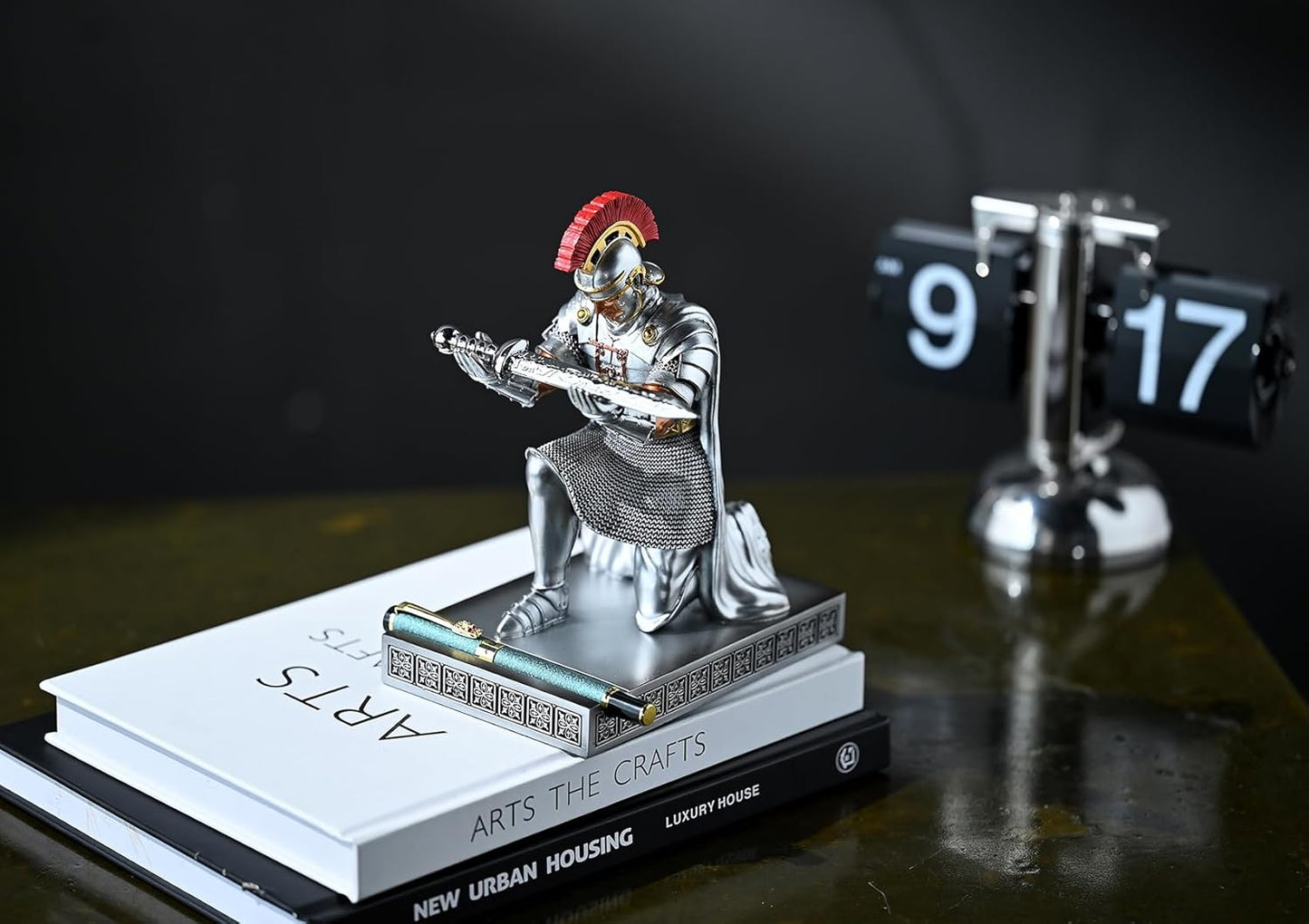 Roman Praetorian Prefect Warrior Knight Pen Holder Desk Ornament Resin Praetorian Guard Mobile Phone Stand Desk Accessories and Organizer For Office with a Letter Opener (Silver)