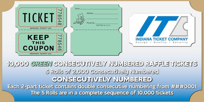 INDIANA TICKET CO. 10,000 Green CONSECUTIVELY Numbered Raffle Ticket Roll. 5 Rolls of 2,000, for Classroom Rewards, Events, Fundraisers, Door Entry, Raffles, Prizes, Drink/Food Tickets, & More