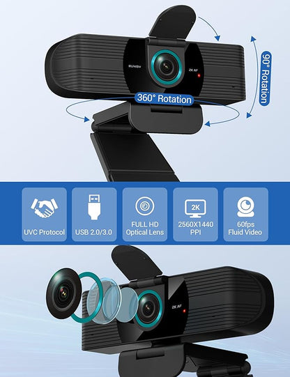 RUWBY QHD 2K Webcam with Built-in Dual Mics, Wide-Angle Lens, Privacy Cover, Tripod Stand, Autofocus Computer Camera, Plug and Play for Desktop PC or Laptop