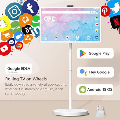 OFD 32 Inch Portable TV on Wheels FHD 1080P,Android15 OS|6GB RAM+128GB Storage|EDLA-Certified,Rolling TV Touchscreen Monitor,Built-in 9600mAh Battery|2K Webcam|Remote Control|Speaker,Fully Rotatable