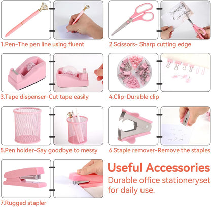 Pink Desk Accessories, Pink Office Supplies Set with Stapler, Tape Dispenser, Staple Remover, Pen Holder, Scissor, Binder/Paper Clips, Ballpoint Pen, Clear Tape and 1000pcs Staples