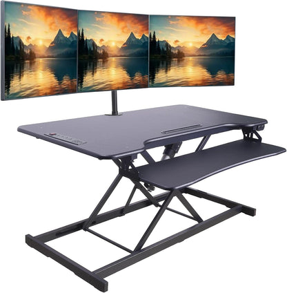 Rocelco 46" Electric Standing Desk Converter with AC Outlet USB Charger - Motorized Height Adjustable Sit Stand Up Triple Monitor Riser - Tabletop Workstation Large Keyboard Tray - Black (R EDRB-46)