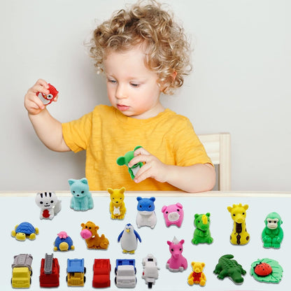72 Pcs Assorted Animal Pencil Erasers Desk Pets, Bulk Mini Pencil Erasers Gifts for Classroom Prizes Reward Goodie Bag Easter Egg Fillers Party Favors (Animal and Car)