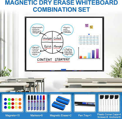 H-Qprobd Large Magnetic White Board Dry Erase Whiteboard with Black Aluminum Frame, 60"X40" Hanging White Boards for Wall with Long Pen Tray, Presentation Board for Office Classroom Home