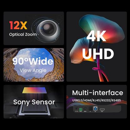 PTZ Camera 4K Conference Room Camera USB3.0/HDMI Live Streaming 12X Optical Zoom Wide Angle for Video Conferencing Church Services Education Medical Work with Zoom Webex OBS YouTube Facebook
