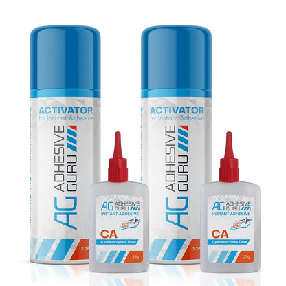 Adhesive Guru CA Glue with Activator Woodworking (2 x 0.9 oz - 2 x 3.38 fl oz) Ca Glue for Woodworking, Cyanoacrylate Glue and Activator (2 Pack)