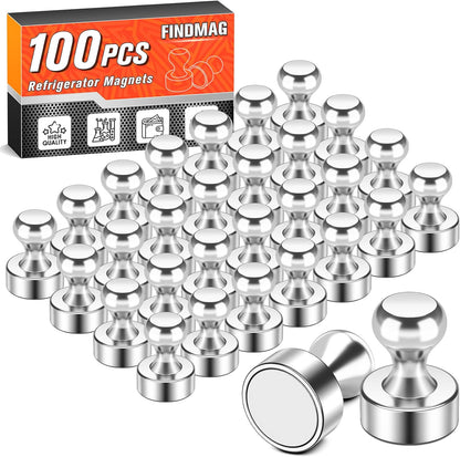 FINDMAG 100Pcs Fridge Magnets, Strong Neodymium Push Pin Magnets for Whiteboard, Ideal for Refrigerator, Kitchen, Classroom, Locker Accessories (Sliver)
