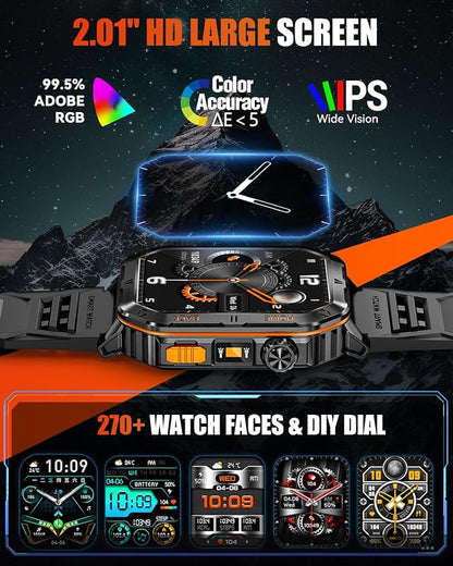 Military Smart Watch for Men, 2.01'' Fitness Tracker with 1200mAh Long Battery Life, Bluetooth Calls, Flashlight, IP68 Waterproof, Heart Rate/Sleep Tracking, 100+ Sports Modes for Android iPhone