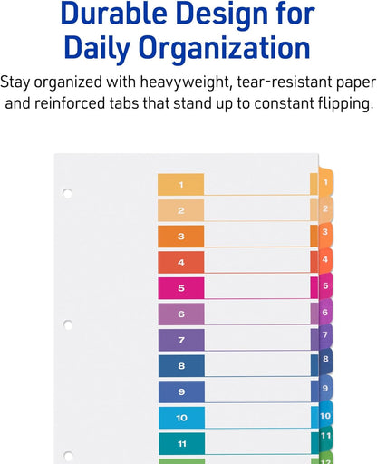 Avery Dividers for 3 Ring Binders, 12 Tabs per Set, Customizable Table of Contents, Multicolor Tabs, Great for Organizing Reports, Projects, and More (11141)