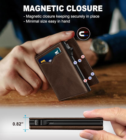 Wallet for Men,with Cash Pocket 2 ID Window 9-13 Cards,Metal Case Smart Slim Pop Up Credit Card Holder Flip with Magnetic Closure RFID Blocking Trifold wallet with Gift Box