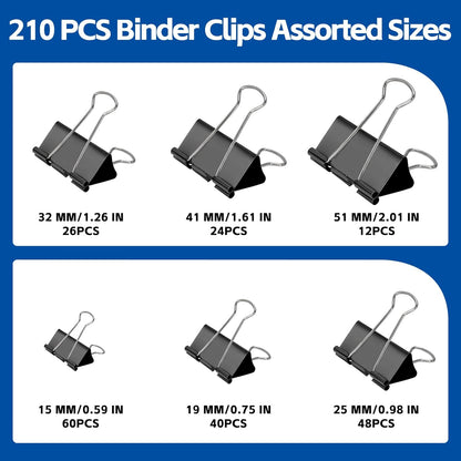 BainGesk 210 PCS Binder Clips Paper Clamps Assorted Sizes, X Large, Large, Medium, Small, Mini and Micro Metal Paper Binder Clips, Black Binding Paperwork Clamp Bulk, Office, School Supplies