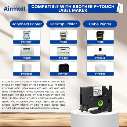 Airmall Tze 12mm 0.47 Laminated White Label Maker Tape Refill Compatible with Brother Ptouch Tape 12mm 0.47 White TZe-231 TZe231 for PT-D220 1180 1280 1290 1750 1830, 8 Pack