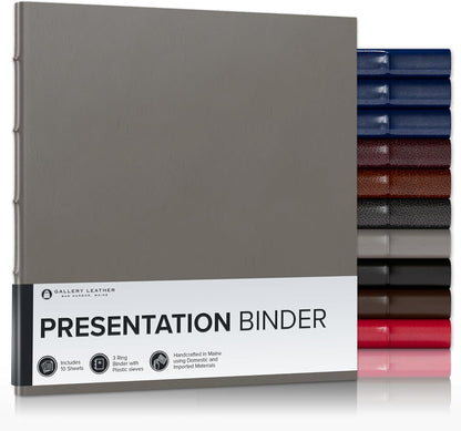 Gallery Leather 3 Ring Binder with Plastic Sleeves, Includes 10 Sheets, Sheet Size: 8.5" x 11" - Presentation Binder Rings with Hubbed Spine, Thick: 0.75" Freeport Slate