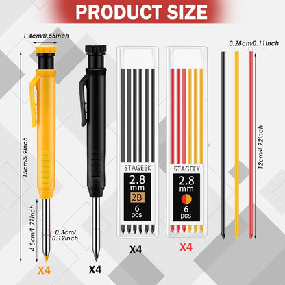 8 pack 2.8mm Mechanical Carpenter Pencils with 48 Refills, Construction Pencils with Built-in Sharpener, Long Nib Deep Hole Marker, Heavy Duty Woodworking Tools (Black+yellow)