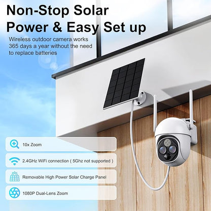 Dual-Lens Solar Security Cameras Wireless Outdoor, 360° View 10X Zoom WiFi Cameras for Home Security with PIR Detection, 2-Way Audio, IP65 Waterproof Spotlight Siren Alarm, SD/Cloud Storage