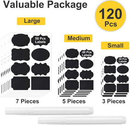 120 Pcs Chalkboard Labels for Storage Bins, Waterproof, Reusable Chalk Tag for Mason Jar, Party Decoration, Craft Rooms, 2 Liquid Chalk Markers