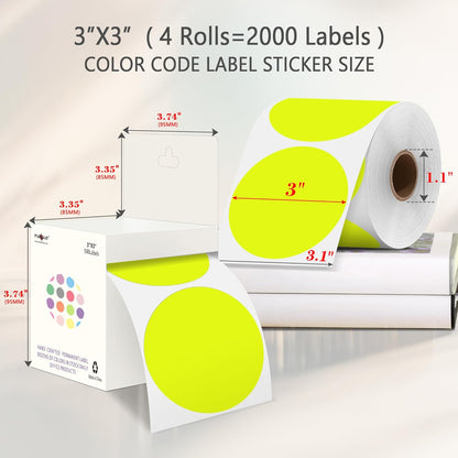 PARLAIM 3" Diameter Round Fluorescent Yellow Color Coding Sticker, 4 Rolls 2000PCS Circle Dot Label,Permanent for Inventory Box Labeling