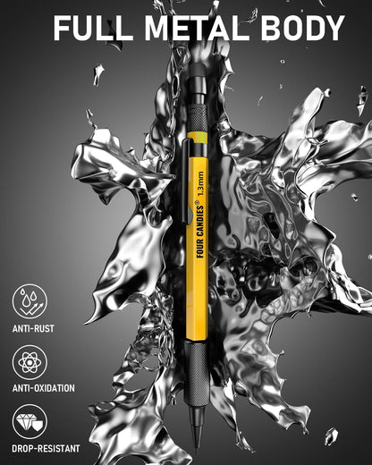 Four Candies 1.3mm Mechanical Pencil Set with 24 Lead Refills, Metal Weatherproof Heavy Duty Outdoor Carpenter Pencil, Eraser, 6 Eraser Refills for Architect Drafting Woodworking Marking with Case