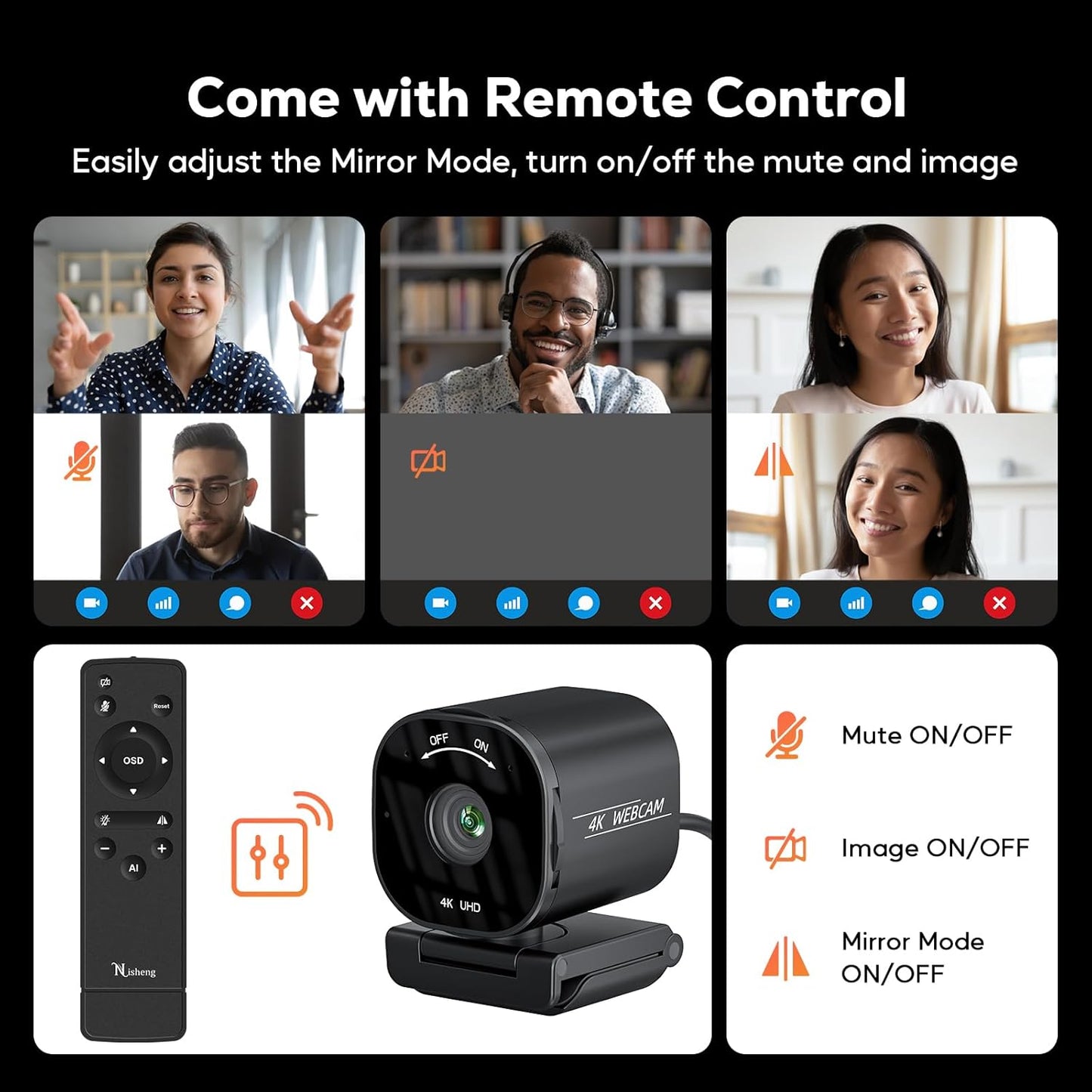 4K USB Webcam with 4 Noise-Canceling Mics, 50-92 FOV, Built-in OSD & Privacy Cover, Plug & Play for Zoom, Teams, Recording