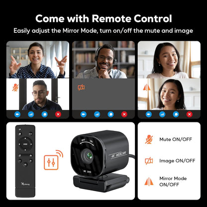 4K USB Webcam with 4 Noise-Canceling Mics, 50-92 FOV, Built-in OSD & Privacy Cover, Plug & Play for Zoom, Teams, Recording