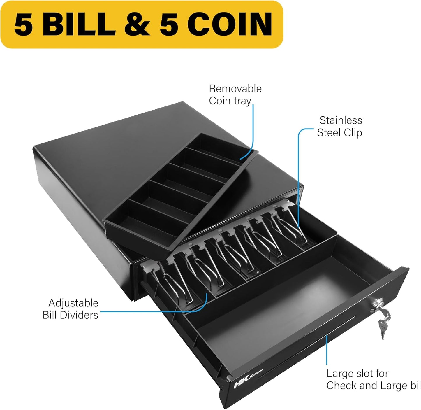 HK SYSTEMS 16inch Heavy Duty POS Cash Drawer with 5Bill/5Coin, Removable Coin Compartment, 24V, RJ11, Single Large Media Slot, Black