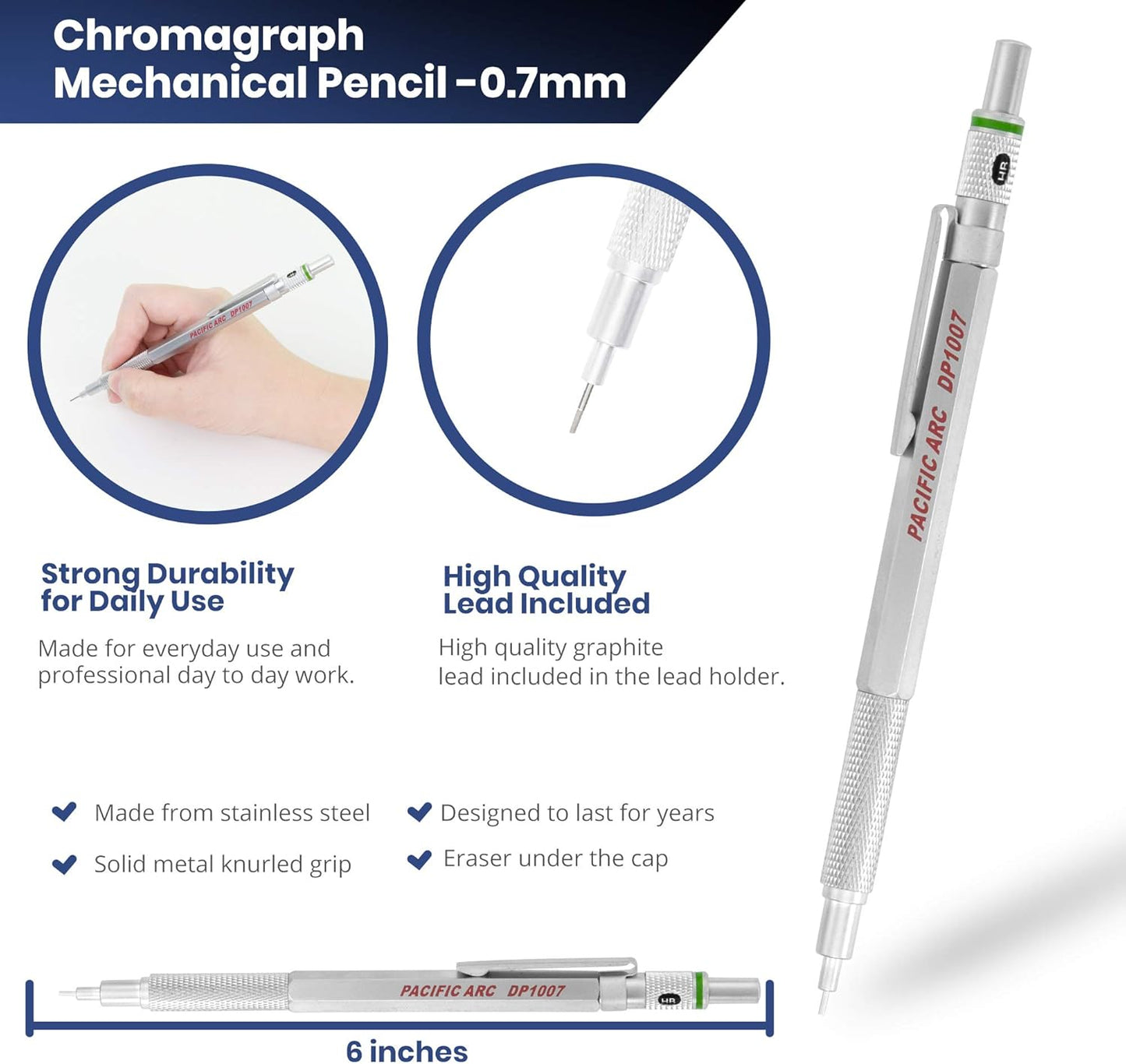 Pacific Arc Chromagraph Metal Mechanical Pencil .7 mm Silver Barrel Mechanical Pencil with Built In Lead Pencil Grade Indicator, Lead Pencil Holder for Drafting, Sketching, and Drawing