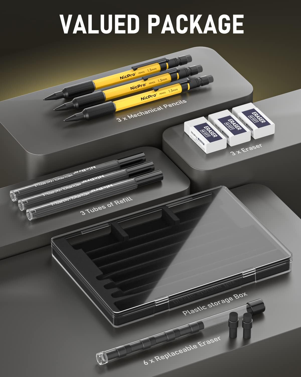 Nicpro 3 PCS 1.3 mm Mechanical Pencil Set with 72 Lead Refills, 3 Eraser - Weatherproof Metal Barrel, Heavy Duty Carpenter Pencil MP2000 for Outdoor Marking Drafting Drawing Woodworking - with Case