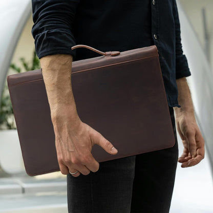 Genuine Leather 3 Ring Binder Portfolio, 8.5 x 14 Legal Size Pad Holder, Hidden Handle, Zippered Padfolio with 15” Laptop Organizer, Professional Business Folio for Men Women, Dark Brown