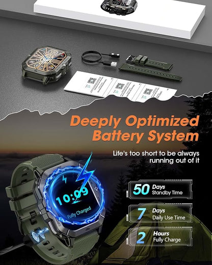 Military Smart Watches for Men (Answer/Make Calls), Waterproof Rugged Fitness Tracker with Blood Pressure/Heart Rate/SpO2/Sleep, Bluetooth Tactical Smart Watch for Android and iPhone, Military Green