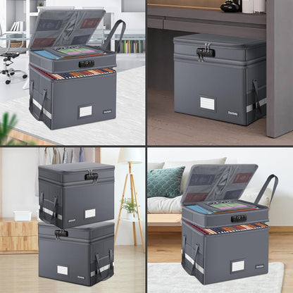 DocSafe File Box with Lock,Multi-Layer Fireproof Document Box Collapsible File Storage Organizer with Pockets/Handle,Large Portable Home Office Filing Box for Hanging Letter/Legal Size Folders,Gray