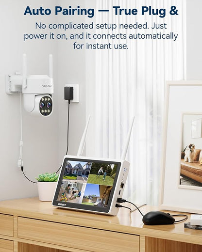 Security Camera Wireless Outdoor System with Monitor, 2pcs Dual Lens 10X Optical Zoom PTZ Cameras for Home Surveillance, Color Night Vision, Auto Tracking, Human Detection, 10CH NVR, 500GB HDD