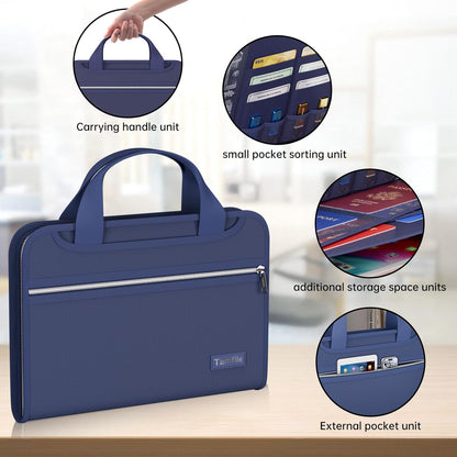 Tamfile Fireproof Accordion File Organizer with Handle, 13 Pocket Expanding File Folder with Zipper & Labels, File Folder with Multi-Pockets Paper Organizer Folder for Letter A4 Files, Blue