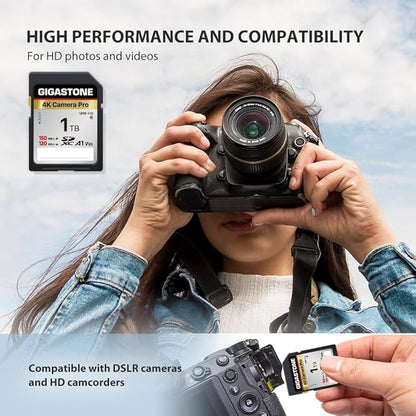 【5-Years Data Recovery】 GIGASTONE 1TB SDXC Memory Card 4K Pro Series Camera Transfer Speed Up to 150MB/s Compatible with Canon Camcorder, A1 V30 UHS-I Class 10 for 4K UHD Video