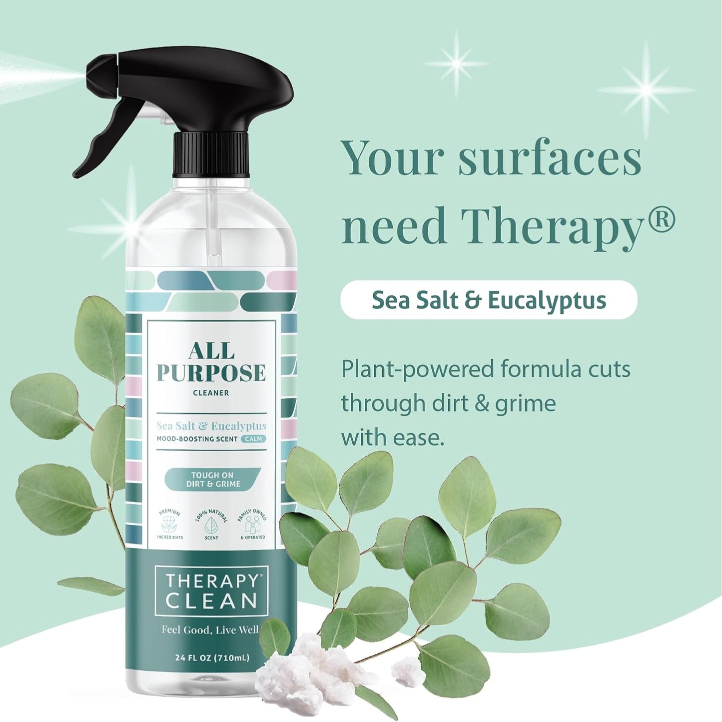 Therapy Clean All Purpose Cleaner Sea Salt & Eucalpytus 24 fl oz Pack of 1, Multipurpose Cleaner, 100% Natural Scent