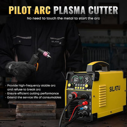SILATU 75Amps Plasma Cutter, STC750P HF Non-Touch Pilot Arc Plasma Cutter Machine, 110/220V Dual Voltage Large LED Display Air Sensor Technology, 1'' Max Cutting Thickness, PT/2T/4T for Beginners DIY